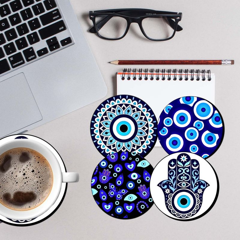 Set of 4 Evil Eye & Hasma Hand Printed Wooden Coaster for Tea Cups, Coffee Mugs and Glasses